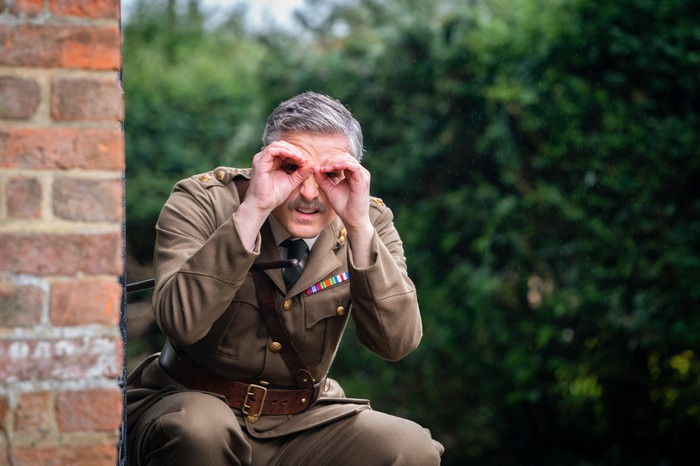 Ghosts S3 - Ep 3 The Captain (Ben Willbond) in Ghosts with his hands around his eyes