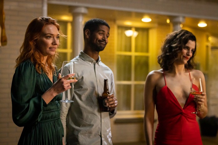 The Couple Next Door Ep1 Eleanor Tomlinson as Evie, Alfred Enoch as Pete and Jessica De Gouw as Becka in The Couple Next Door holding glasses