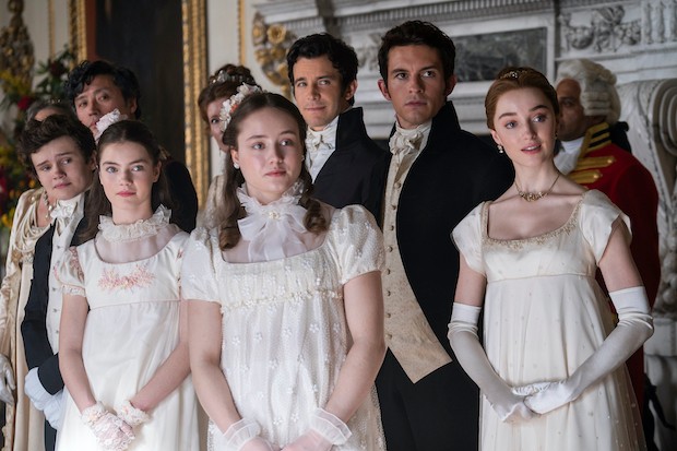 bridgerton-season-2 Will Tilston as Gregory Bridgerton, Florence Emilia Hunt as Hyacinth Bridgerton, Ruby Stokes as Francesca Bridgerton, Luke Thompson as Benedict Bridgerton, Jonathan Bailey as Anthony Bridgerton, Phoebe Dyvenor as Daphne Basset