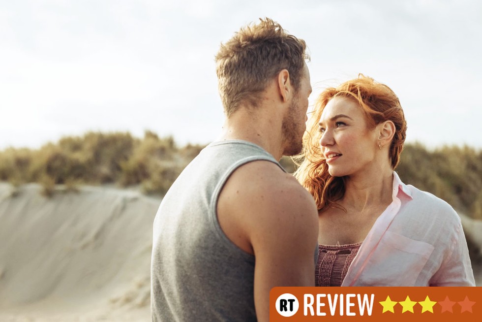 couple-next-door Sam Heughan and Eleanor Tomlinson staring at each other, with RT Review and three stars in the bottom right of the frame