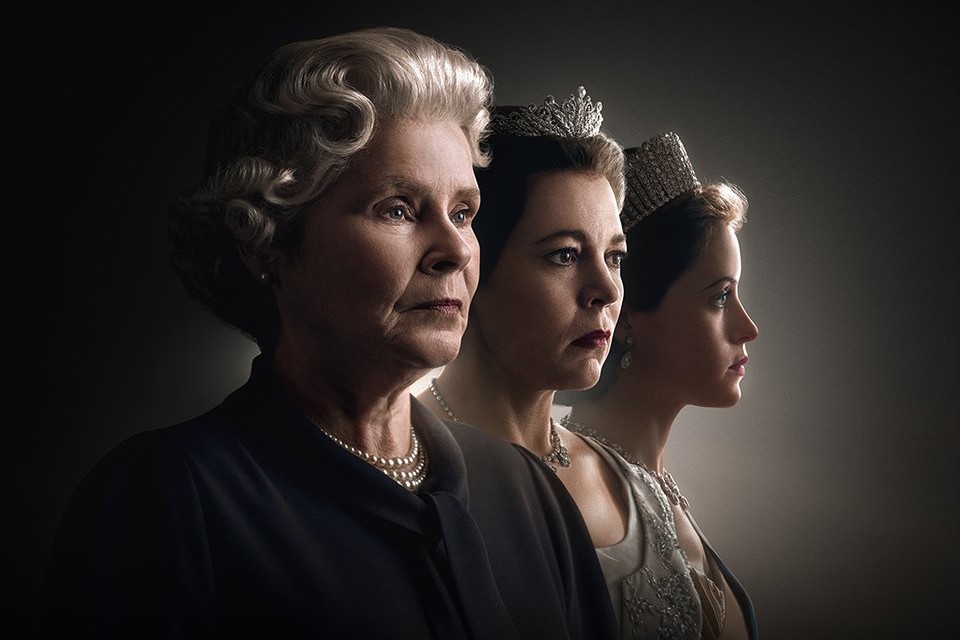 Imelda Staunton, Olivia Colman and Claire Foy in The Crown as Queen Elizabeth II against a grey background