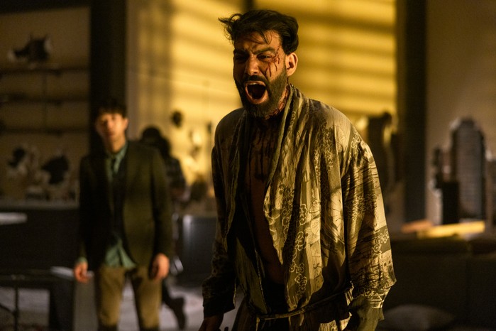 Rahul Kohli Napoleon Usher Rahul Kohli as Napoleon Usher in The Fall of the House of Usher wearing a kimono, screaming