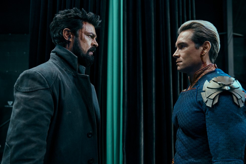 Karl Urban as Billy Butcher and Antony Starr as Homelander in The Boys staring each other down
